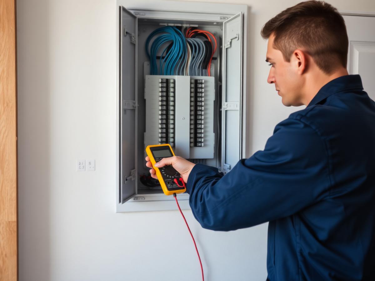 Électricien contrôlant un tableau électrique avec un multimètre