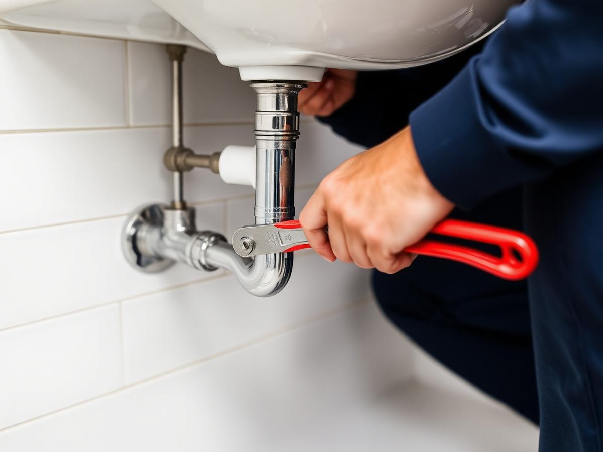 Plombier réparant une fuite sur la tuyauterie d'un lavabo